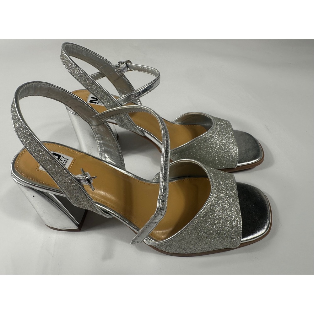 Ninety Union Sophia Silver Glitter Block‎ Heel Sandals Women Size 9 Square Toe